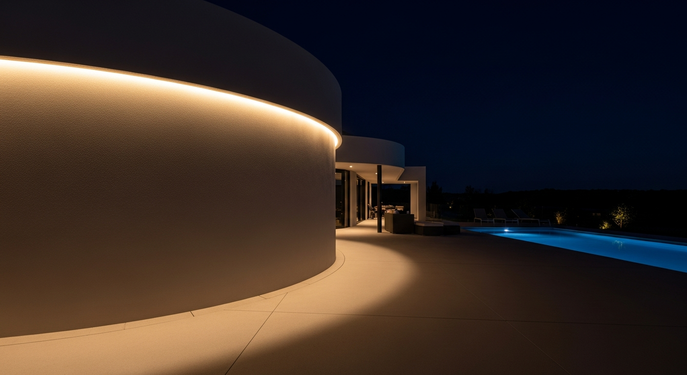 Curved LED strip lighting outlining a feature wall in a luxury outdoor entertaining area