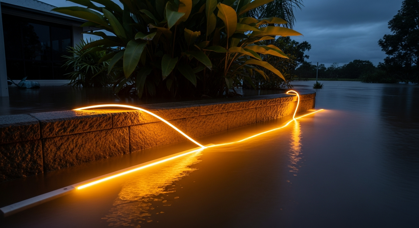 IP68 rated LED strip glowing underwater in flooded garden — Queensland conditions