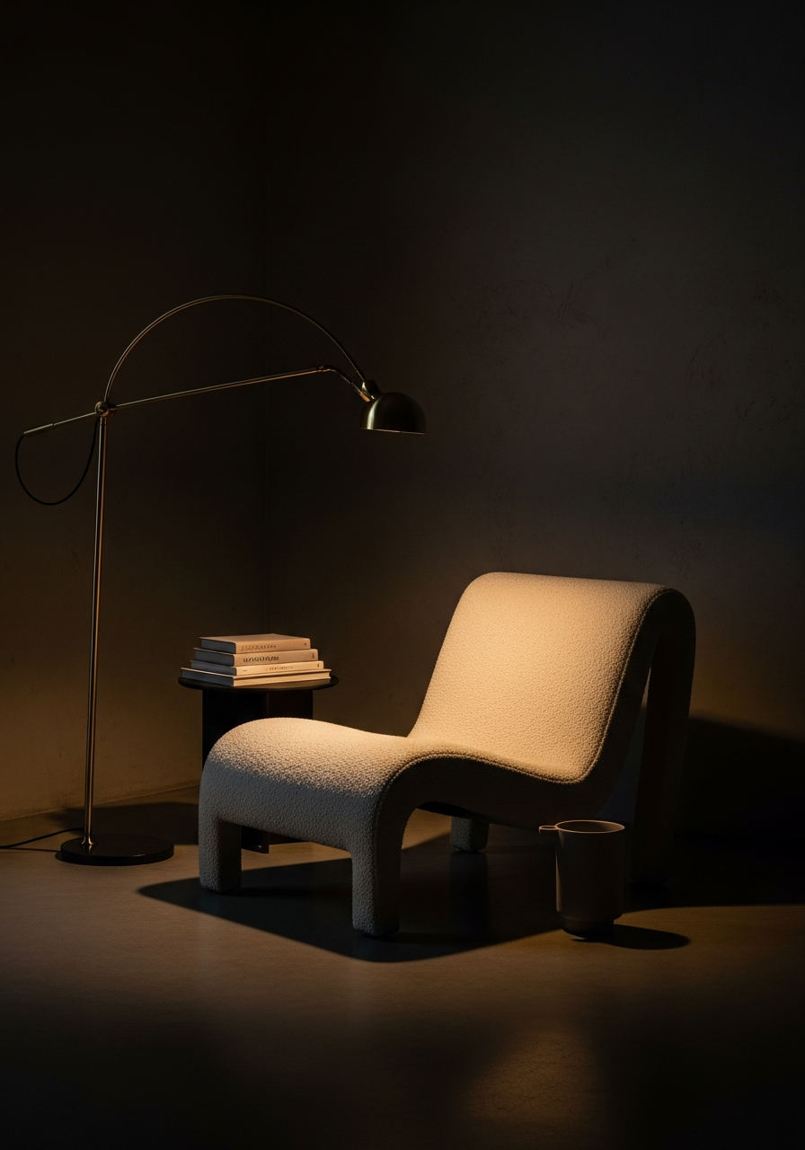 A composed reading corner of five objects
