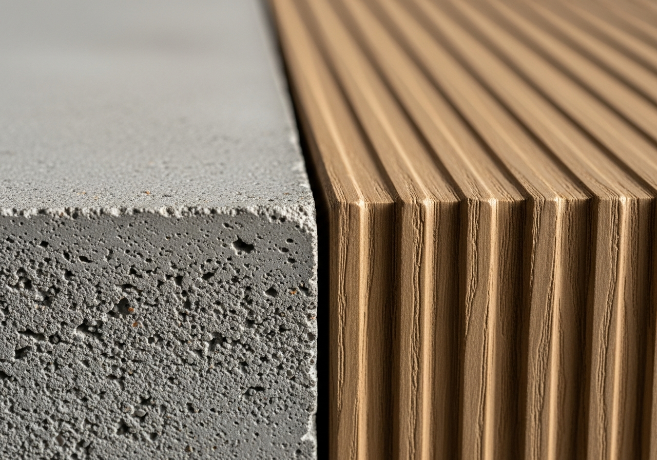 Material tension — concrete edge meeting fluted oak