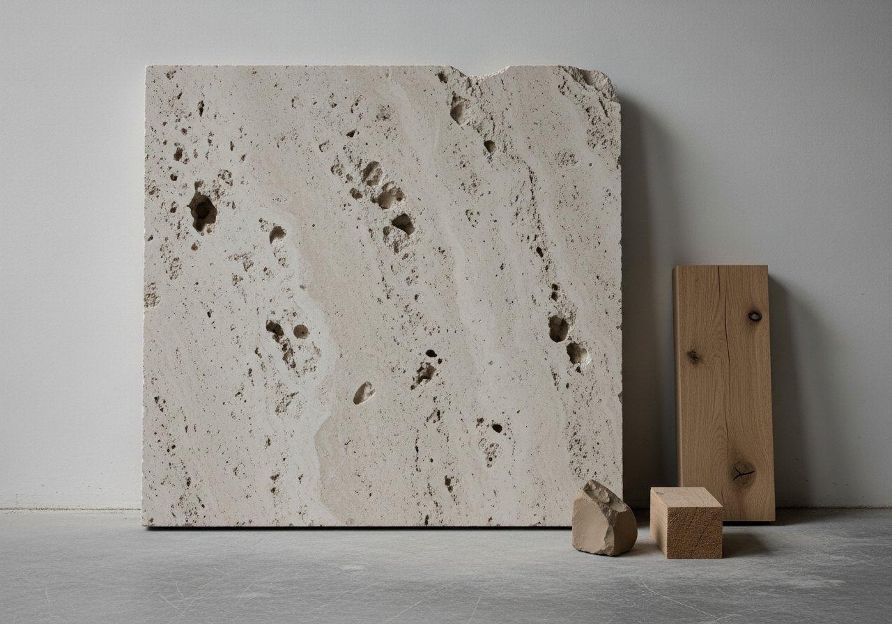 Raw travertine slab — unfinished material at origin