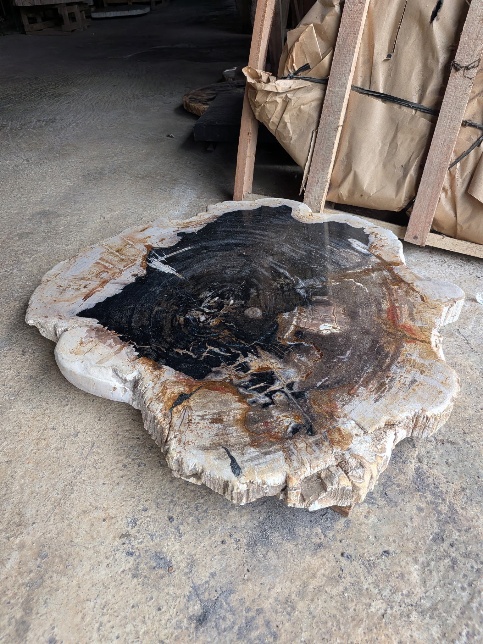 A large petrified wood slab on the workshop floor in Java.