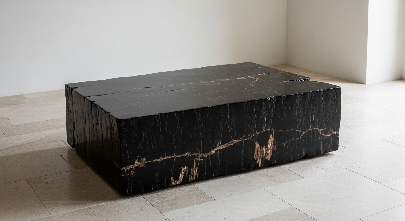 A jet-black petrified wood coffee table in a pale minimal interior.
