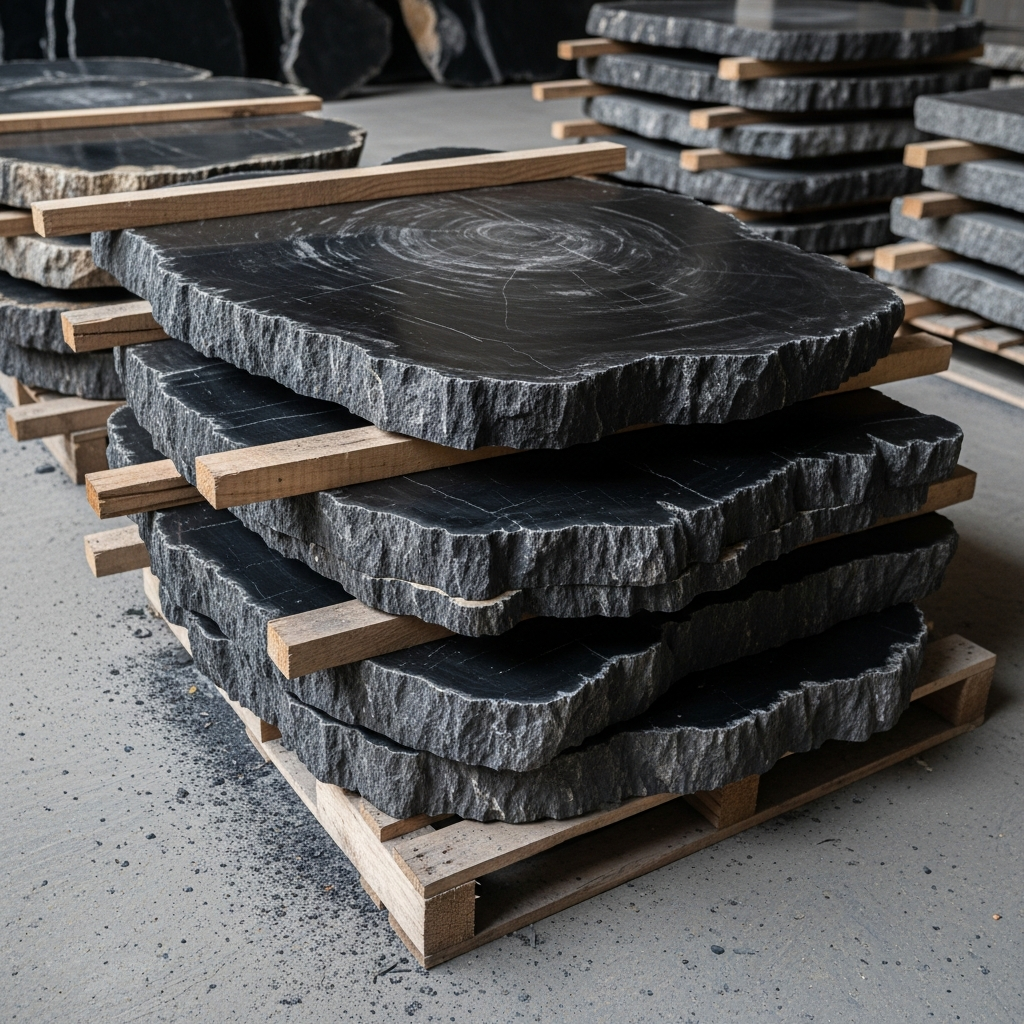 Large dark petrified wood slabs on pallets at the Java yard, showing natural scale before polishing.