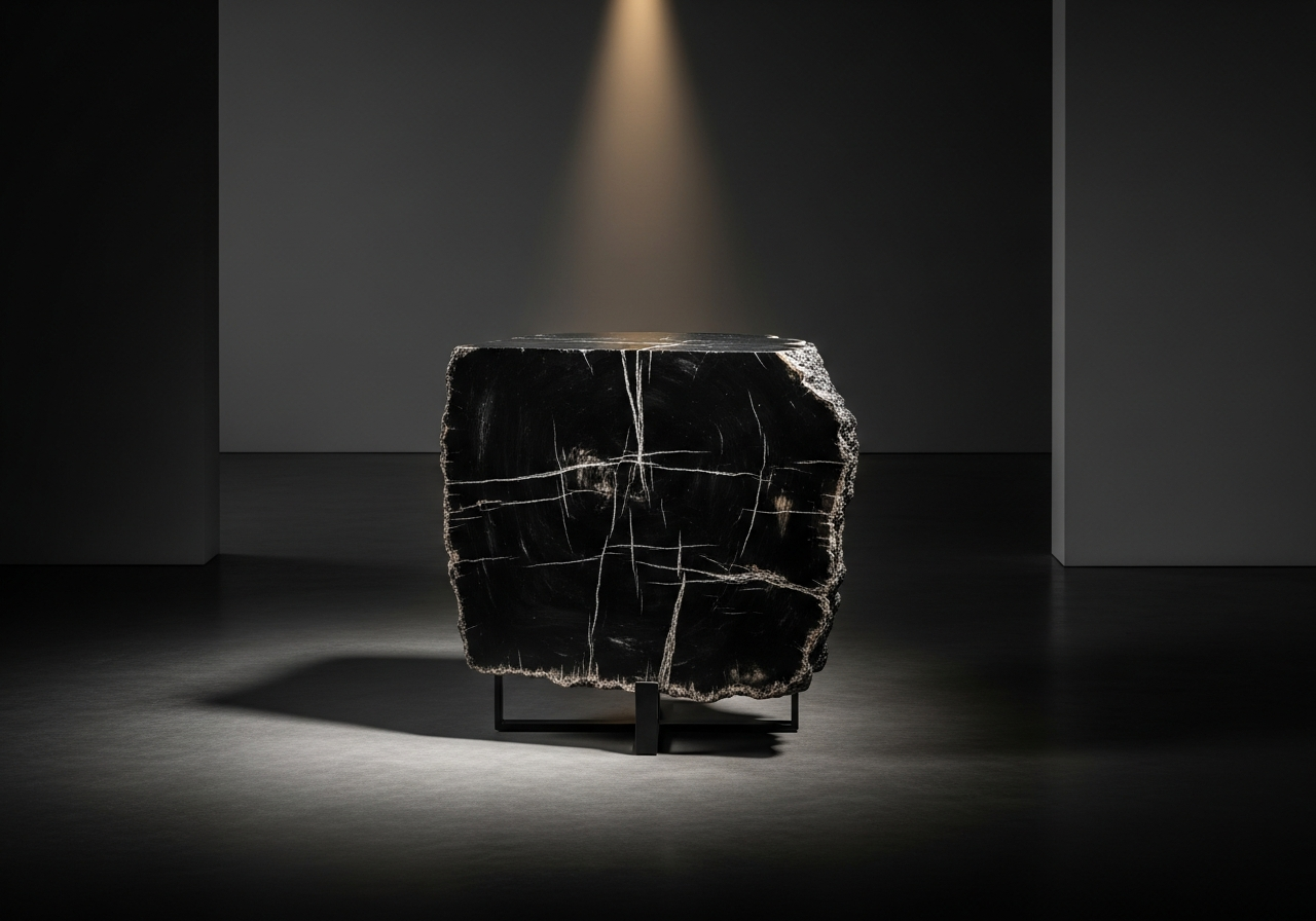 A jet-black polished petrified wood side table in a dark minimal interior.