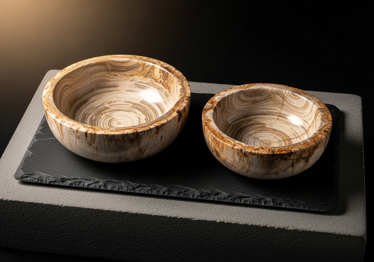 Two polished petrified wood bowls on a dark slate surface showing mineral rings inside.
