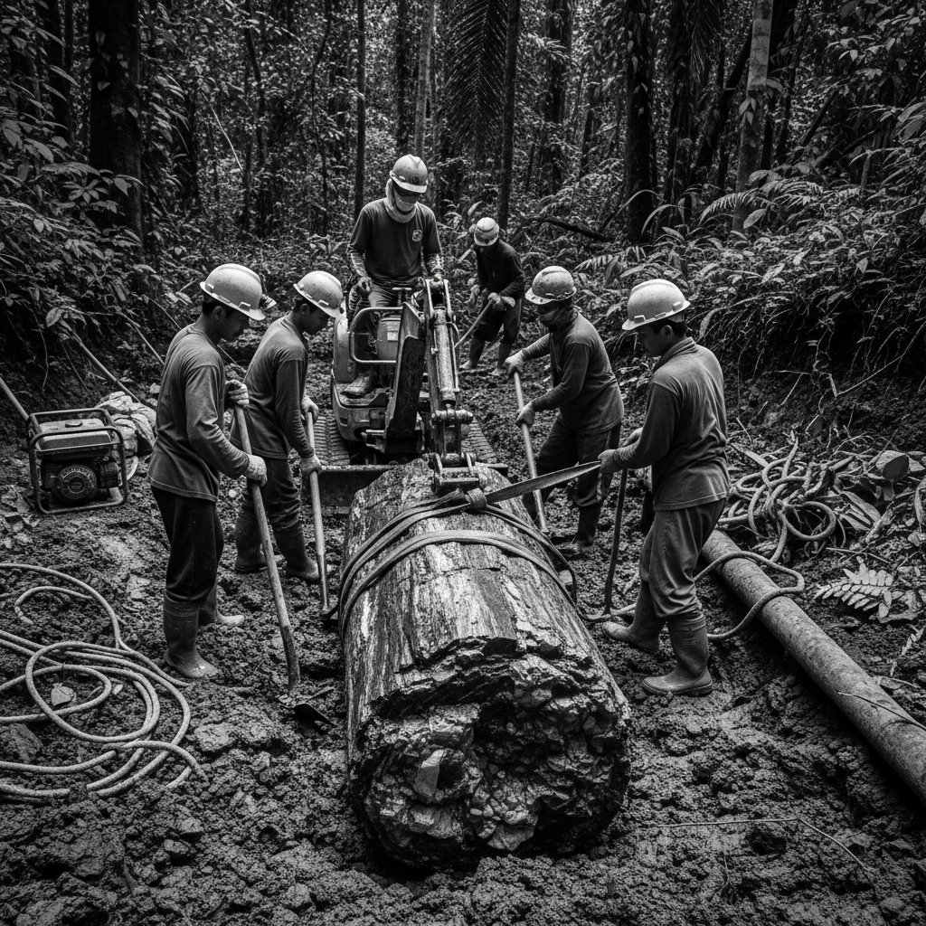Javanese miners extracting a petrified wood log from the jungle floor in Central Java, Indonesia.