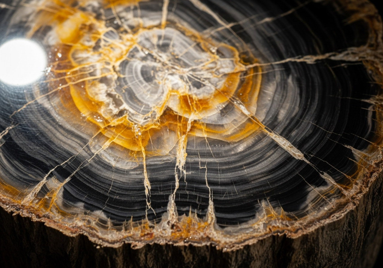 Macro of amber mineral deposits in polished petrified wood surface.