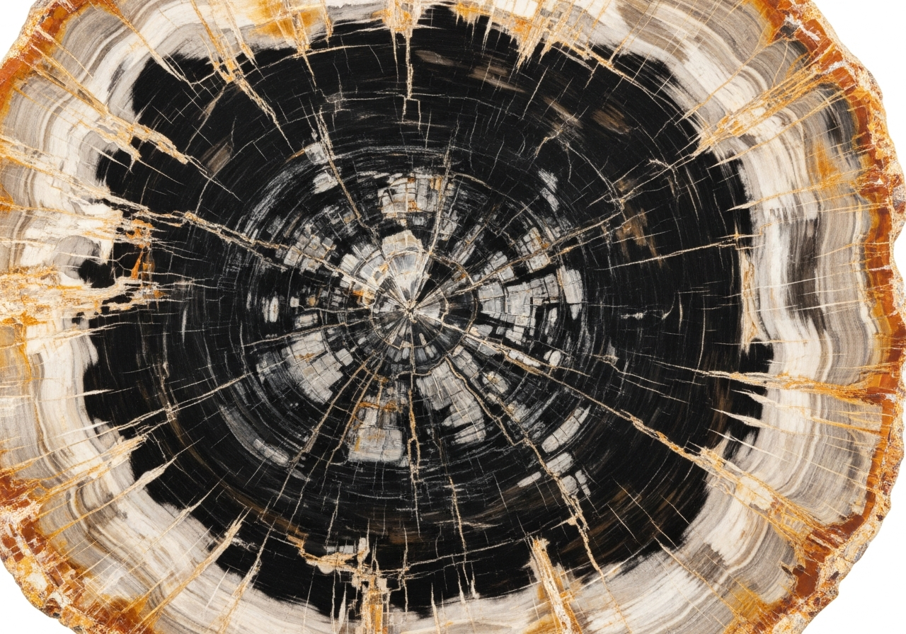 Macro of dark heartwood mineral centre in a petrified wood cross-section.