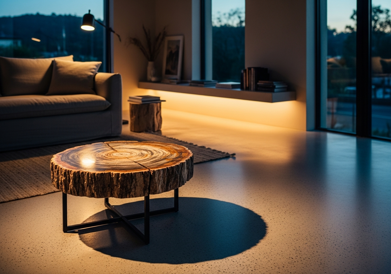 A polished petrified wood coffee table on a blackened steel base in a luxury minimal living room, showing the scale and mineral detail of the slab.