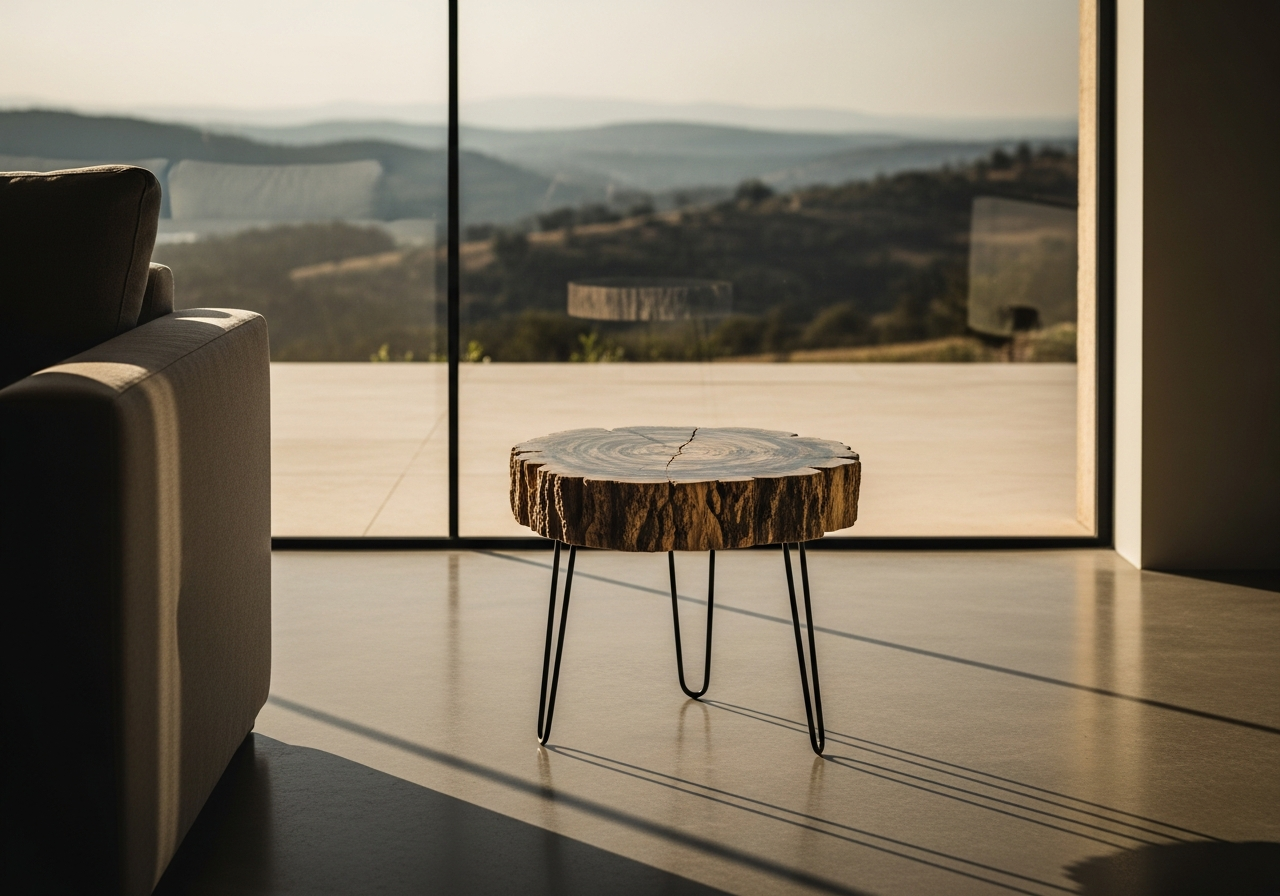 A polished petrified wood side table on a blackened steel base in a minimal interior, showing the mineral tone and scale in a real room.