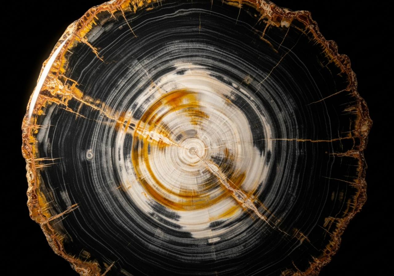 Macro cross-section of petrified wood showing concentric mineral rings in black, amber and cream.