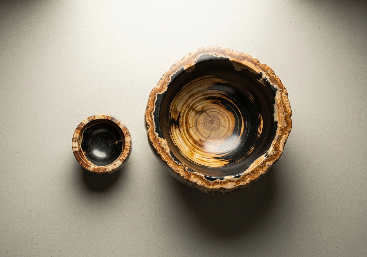 Two polished petrified wood bowls on a pale concrete surface.