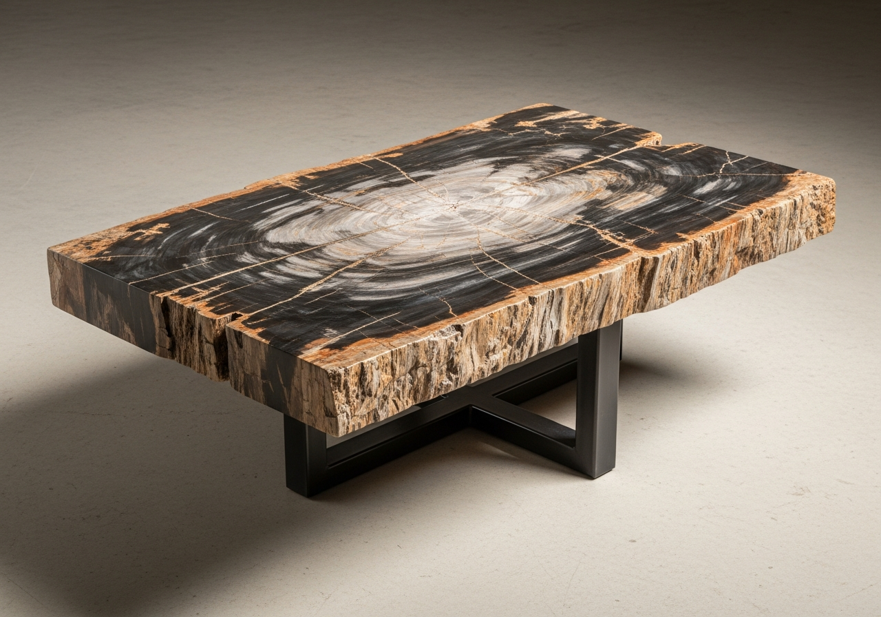 A polished petrified wood coffee table on a blackened steel cross-base, on pale concrete.