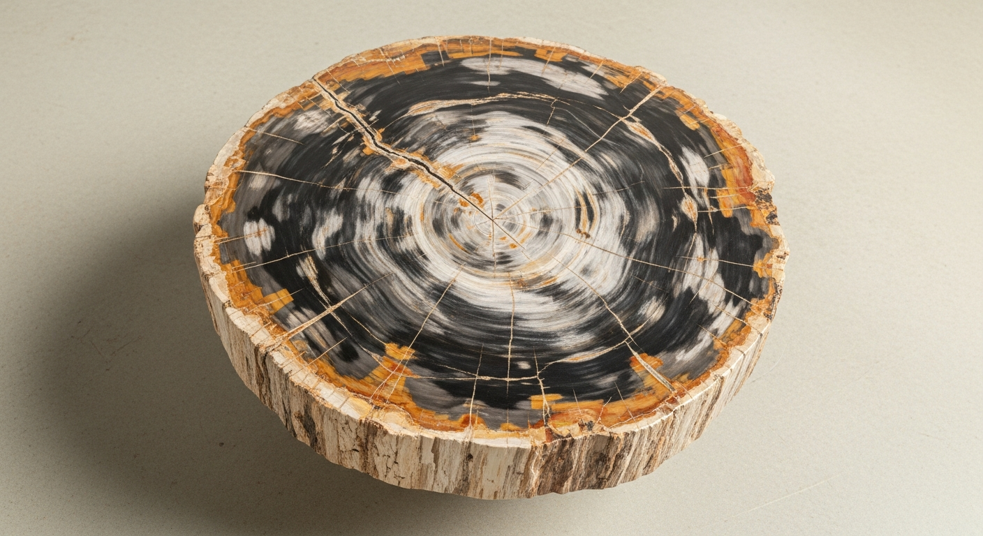 A polished petrified wood slab on concrete, showing the full natural edge and mineral ring surface.