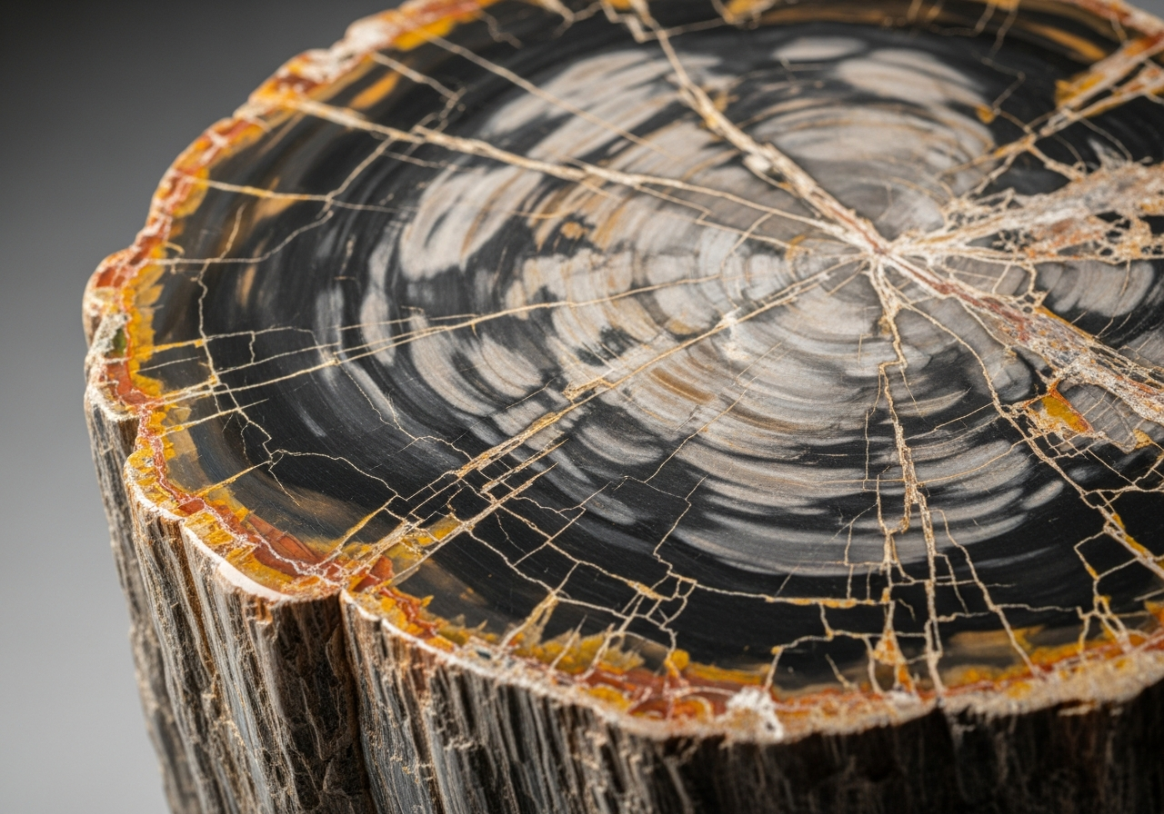 Close-up of polished petrified wood surface showing mineral rings, silica deposits and grain in amber and charcoal.