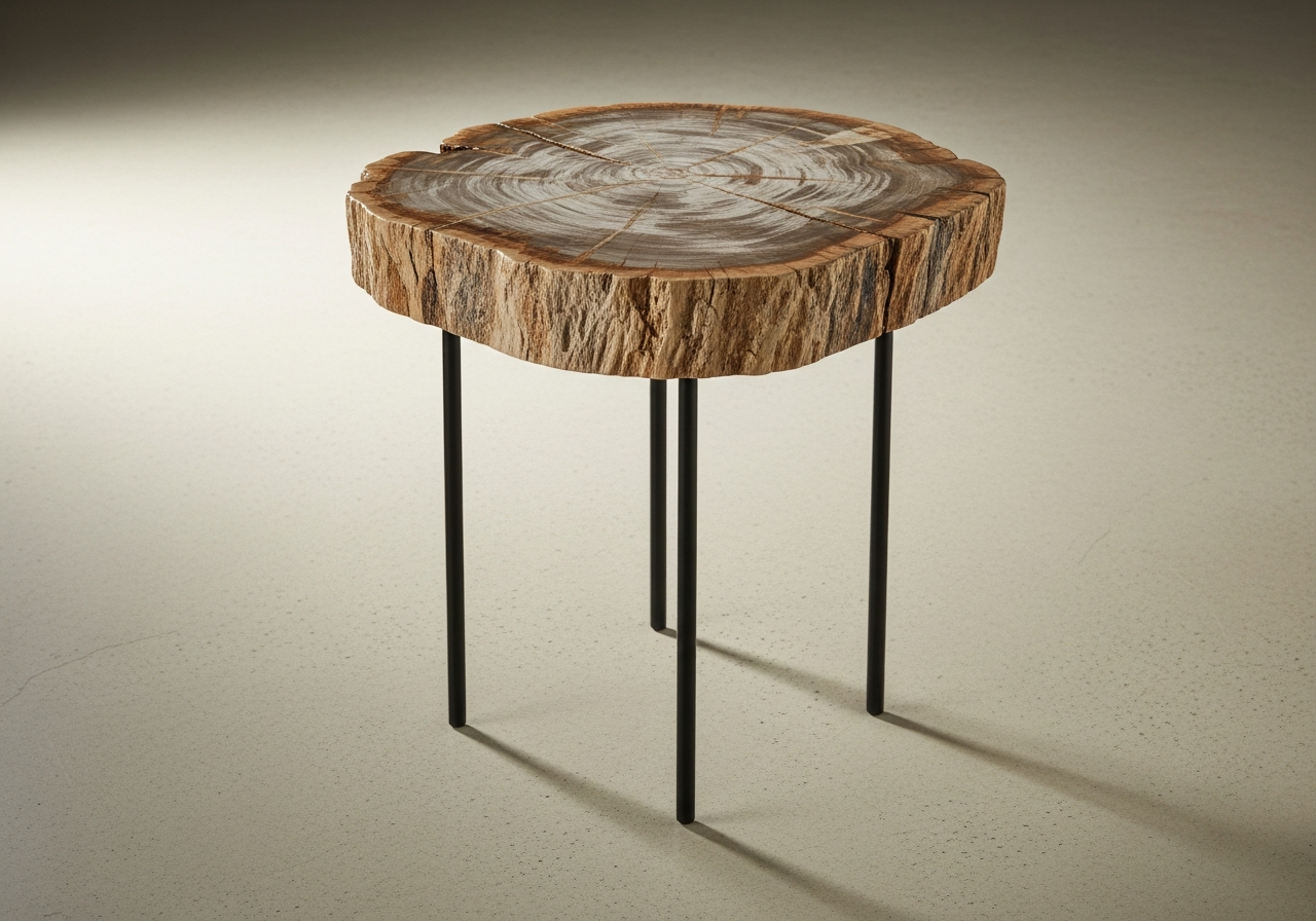 A polished petrified wood side table on a blackened steel base, pale concrete floor.