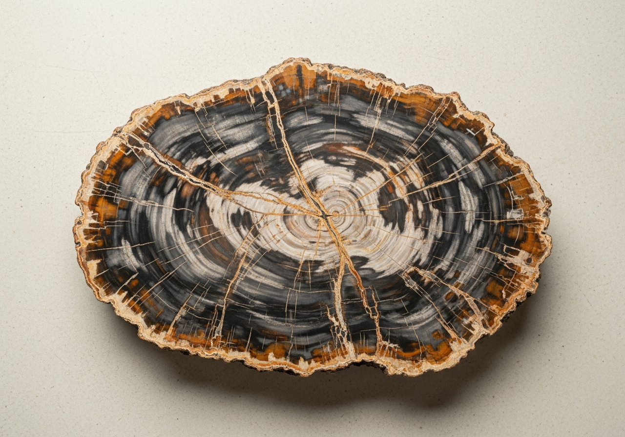 Overhead view of a polished petrified wood slab on concrete, showing full natural edge.